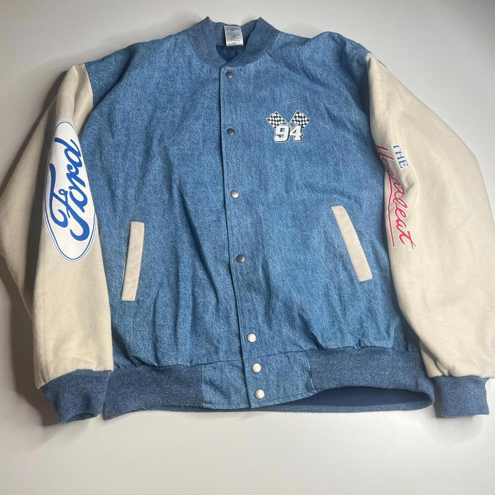 Vintage 90s Ford Racing Jacket Size XXL Blue White Varsity Style‎ #94 Checkered